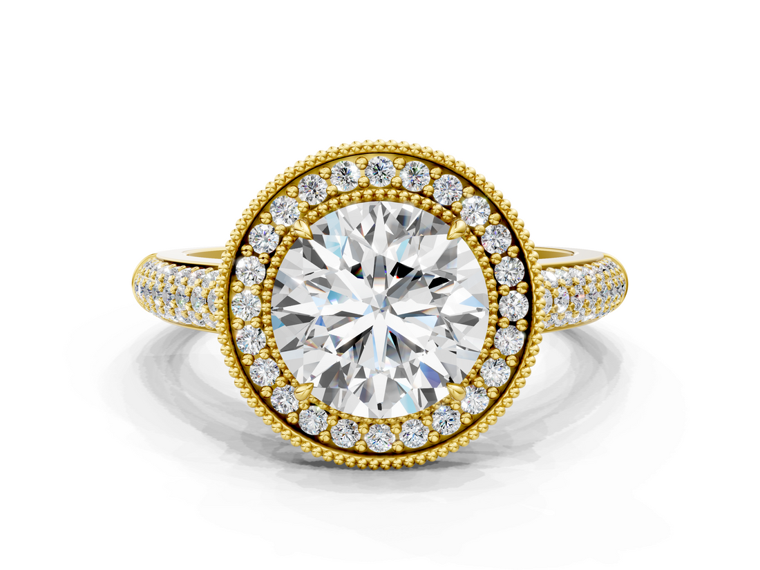 Yellow gold Round Cut Halo Diamond Pave Band with Four-Prong Setting_66