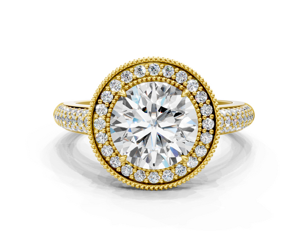 Yellow gold Round Cut Halo Diamond Pave Band with Four-Prong Setting