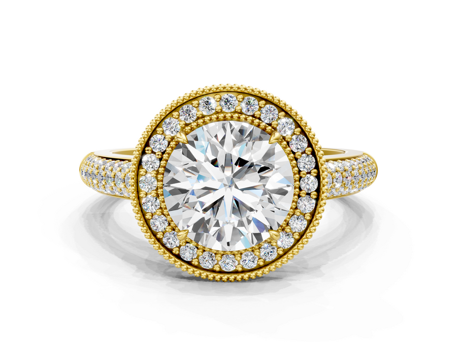 Yellow gold Round Cut Halo Diamond Pave Band with Four-Prong Setting
