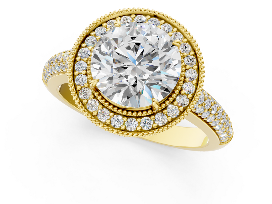 Yellow gold Round Cut Halo Diamond Pave Band with Four-Prong Setting