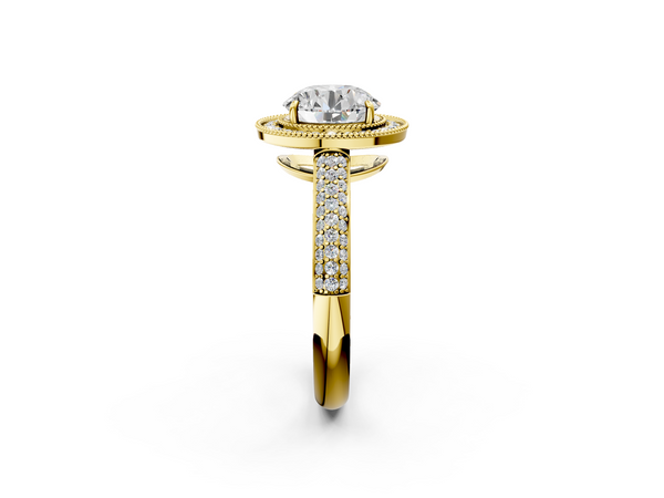 Yellow gold Round Cut Halo Diamond Pave Band with Four-Prong Setting
