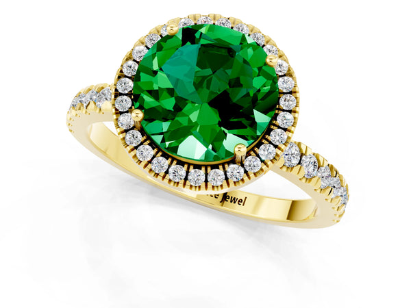 Yellow gold Round Cut Emerald Classic Halo Engagement Ring with Round Pavé Band and Prong Setting