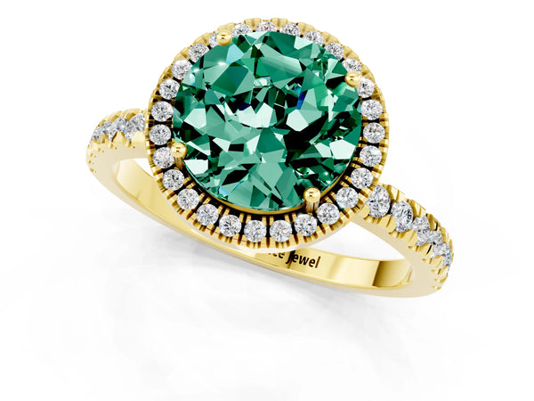 Yellow gold Round Cut Green Sapphire Classic Halo Engagement Ring with Round Pavé Band and Prong Setting