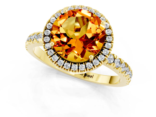 Yellow gold Round Cut Citrine Classic Halo Engagement Ring with Round Pavé Band and Prong Setting
