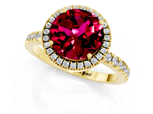 Yellow gold Round Cut Garnet Classic Halo Engagement Ring with Round Pavé Band and Prong Setting