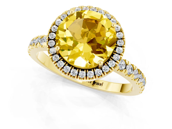 Yellow gold Round Cut Yellow Sapphire Classic Halo Engagement Ring with Round Pavé Band and Prong Setting