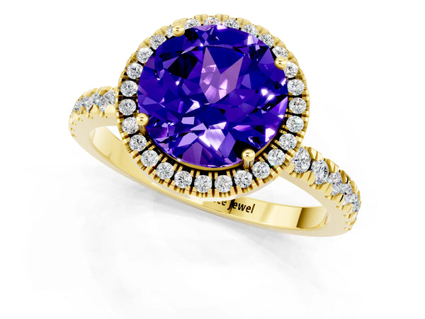 Yellow gold Round Cut Tanzanite Classic Halo Engagement Ring with Round Pavé Band and Prong Setting