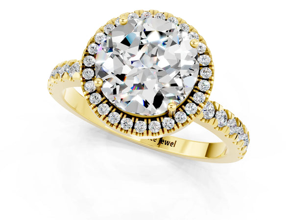 Yellow gold Round Cut Moissanite Classic Halo Engagement Ring with Round Pavé Band and Prong Setting