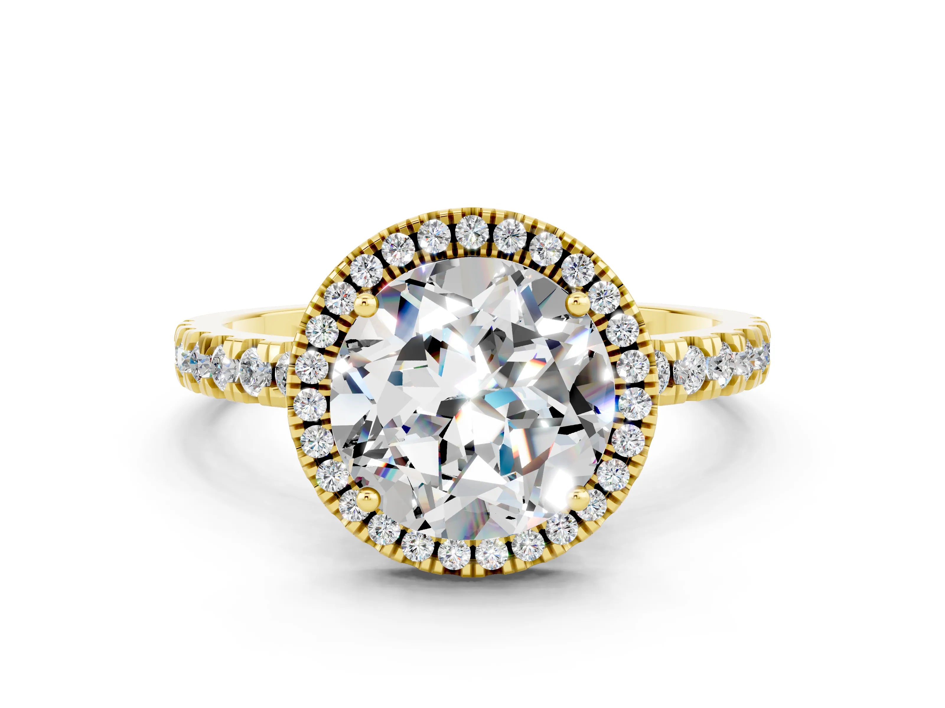 Yellow gold Round Cut Halo Diamond Pave Band with Prong Setting