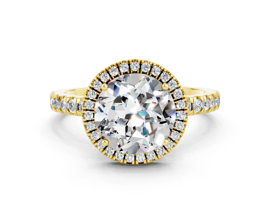 Yellow gold Round Cut Halo Diamond Pave Band with Prong Setting