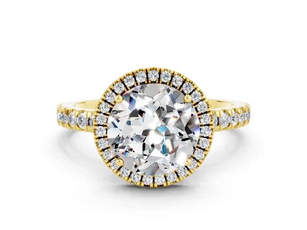 Yellow gold Round Cut Moissanite Classic Halo Engagement Ring with Round Pavé Band and Prong Setting