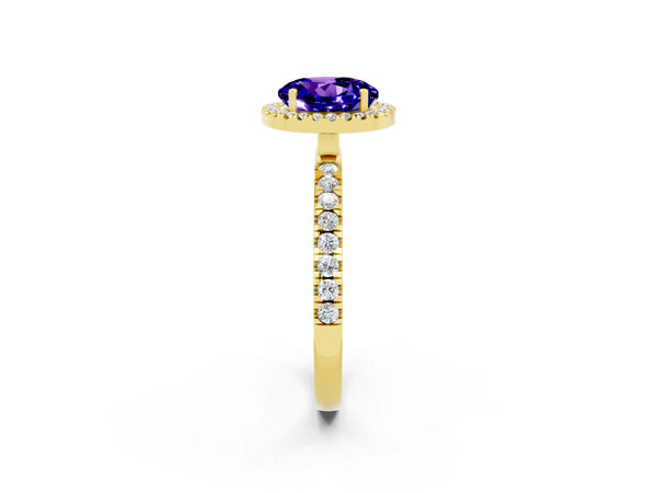 Yellow gold Round Cut Tanzanite Classic Halo Engagement Ring with Round Pavé Band and Prong Setting