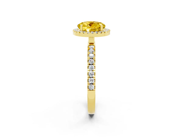 Yellow gold Round Cut Yellow Sapphire Classic Halo Engagement Ring with Round Pavé Band and Prong Setting