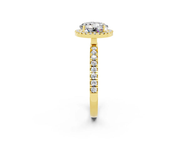 Yellow gold Round Cut Moissanite Classic Halo Engagement Ring with Round Pavé Band and Prong Setting