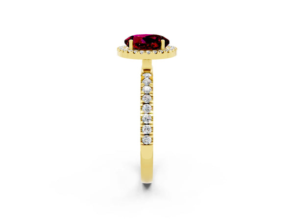 Yellow gold Round Cut Garnet Classic Halo Engagement Ring with Round Pavé Band and Prong Setting