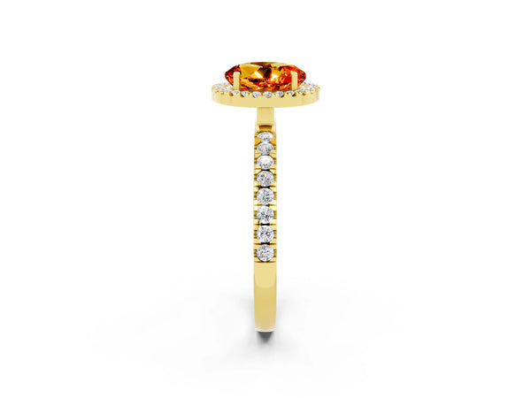 Yellow gold Round Cut Citrine Classic Halo Engagement Ring with Round Pavé Band and Prong Setting