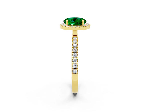 Yellow gold Round Cut Emerald Classic Halo Engagement Ring with Round Pavé Band and Prong Setting