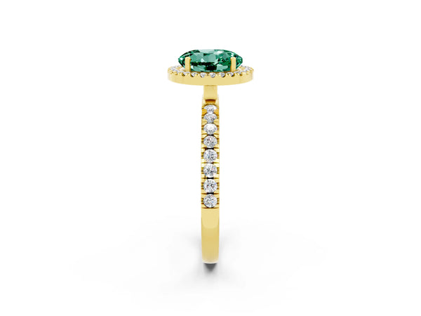 Yellow gold Round Cut Green Sapphire Classic Halo Engagement Ring with Round Pavé Band and Prong Setting