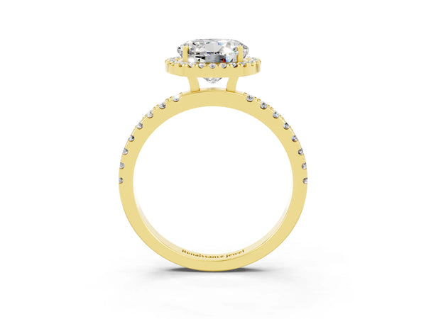 Yellow gold Round Cut Moissanite Classic Halo Engagement Ring with Round Pavé Band and Prong Setting