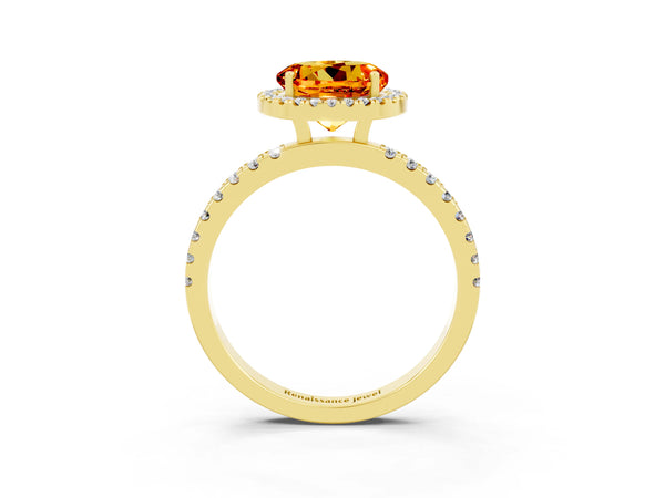 Yellow gold Round Cut Citrine Classic Halo Engagement Ring with Round Pavé Band and Prong Setting
