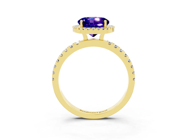Yellow gold Round Cut Tanzanite Classic Halo Engagement Ring with Round Pavé Band and Prong Setting