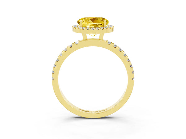 Yellow gold Round Cut Yellow Sapphire Classic Halo Engagement Ring with Round Pavé Band and Prong Setting