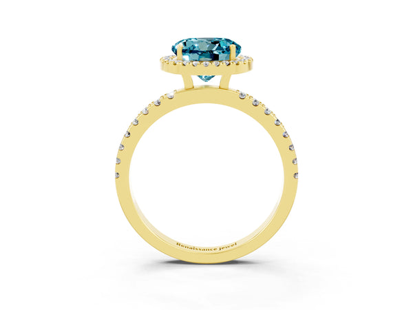 Yellow gold Round Cut Halo Diamond Pave Band with Prong Setting
