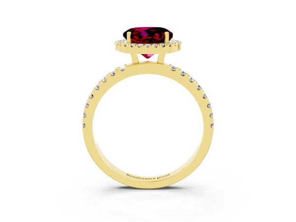 Yellow gold Round Cut Garnet Classic Halo Engagement Ring with Round Pavé Band and Prong Setting