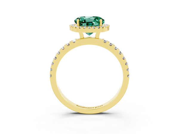 Yellow gold Round Cut Green Sapphire Classic Halo Engagement Ring with Round Pavé Band and Prong Setting