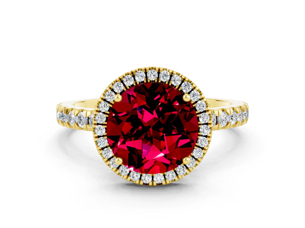 Yellow gold Round Cut Garnet Classic Halo Engagement Ring with Round Pavé Band and Prong Setting