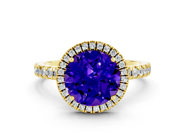 Yellow gold Round Cut Tanzanite Classic Halo Engagement Ring with Round Pavé Band and Prong Setting