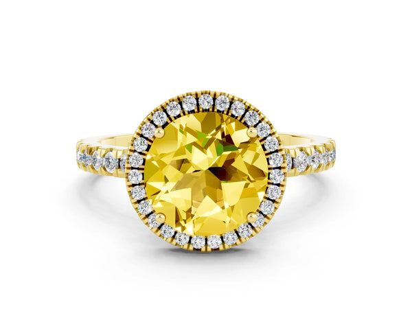 Yellow gold Round Cut Yellow Sapphire Classic Halo Engagement Ring with Round Pavé Band and Prong Setting