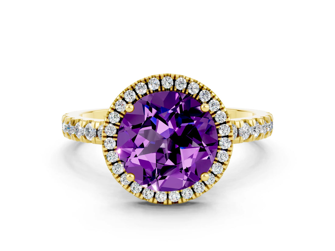 Yellow gold Round Cut Halo Diamond Pave Band with Prong Setting