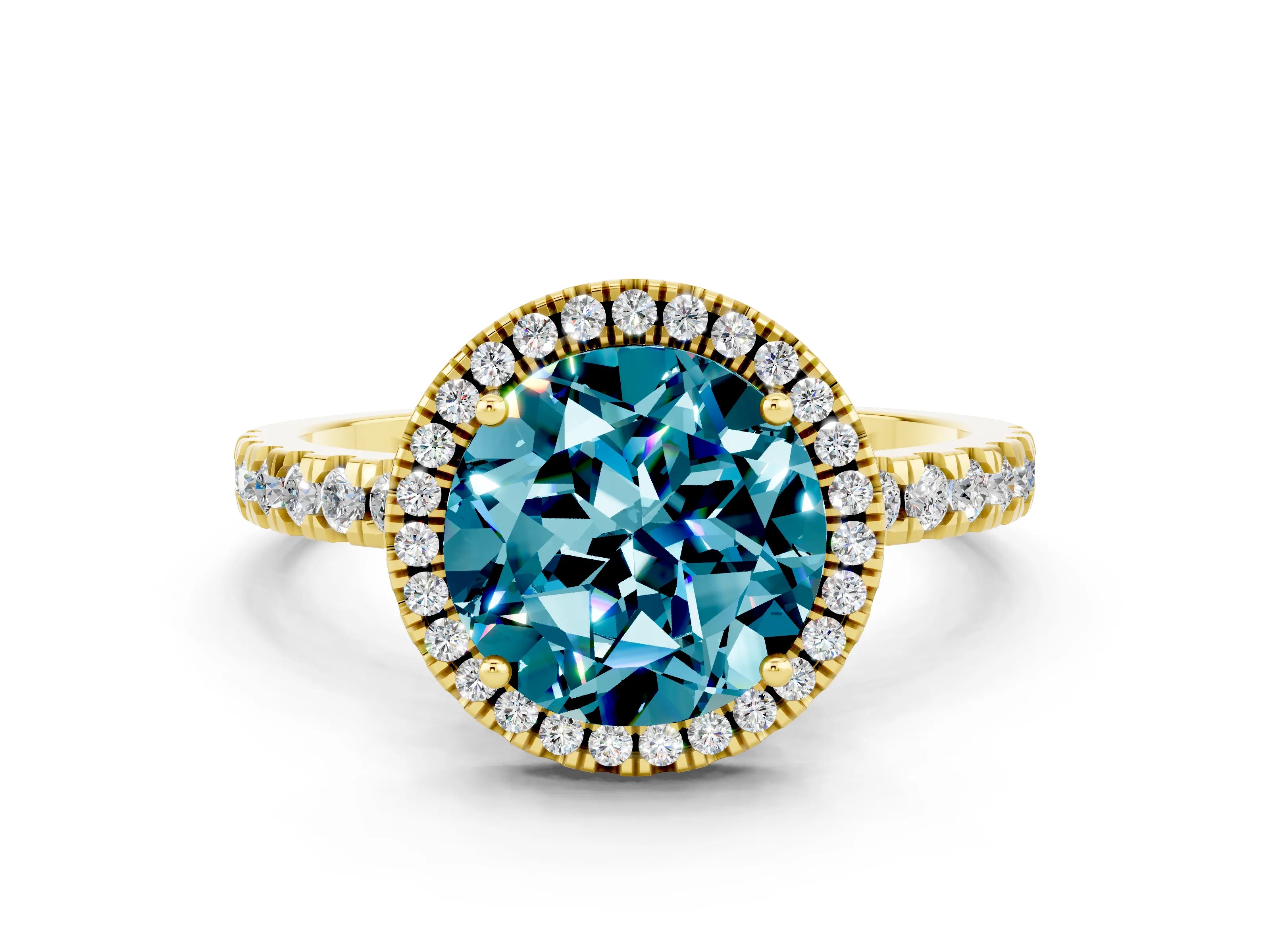 Yellow gold Round Cut Halo Diamond Pave Band with Prong Setting