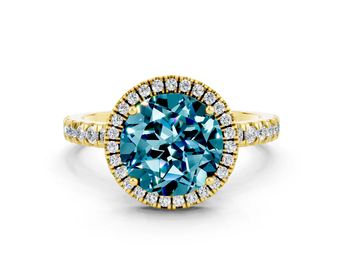 Yellow gold Round Cut Halo Diamond Pave Band with Prong Setting