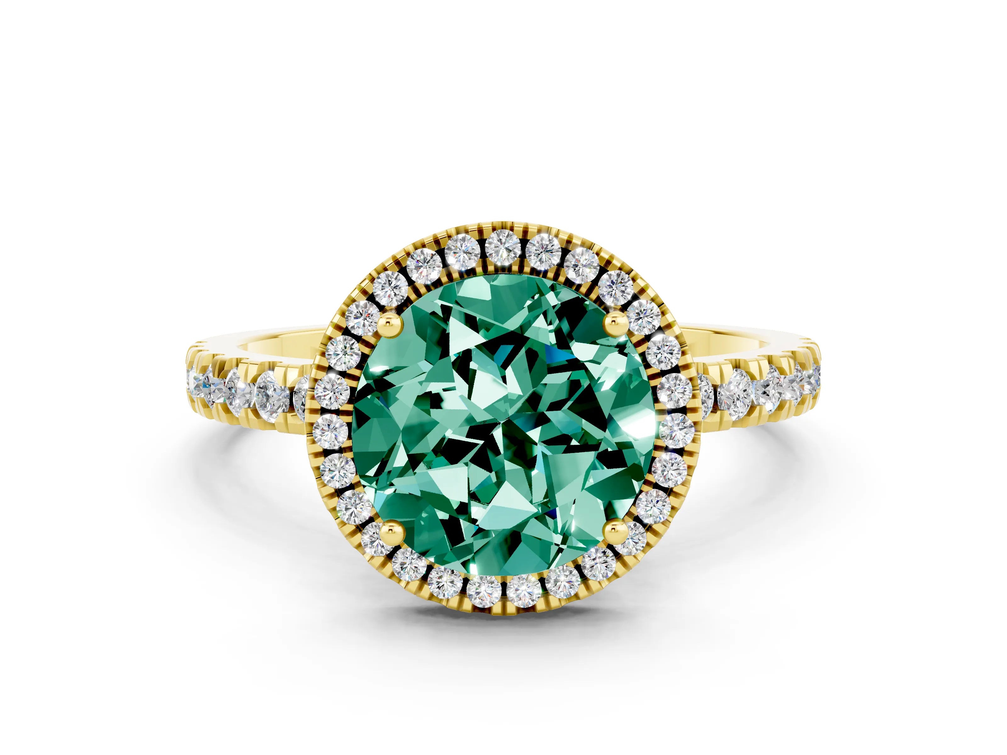 Yellow gold Round Cut Halo Diamond Pave Band with Prong Setting
