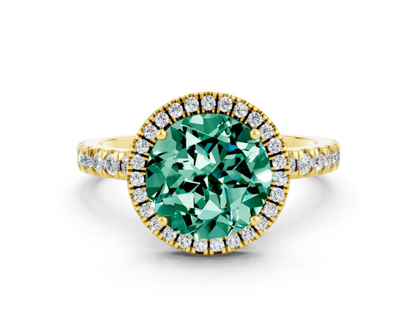 Yellow gold Round Cut Green Sapphire Classic Halo Engagement Ring with Round Pavé Band and Prong Setting