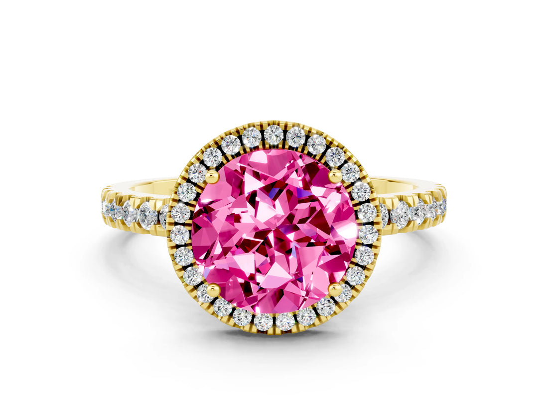 Yellow gold Round Cut Halo Diamond Pave Band with Prong Setting