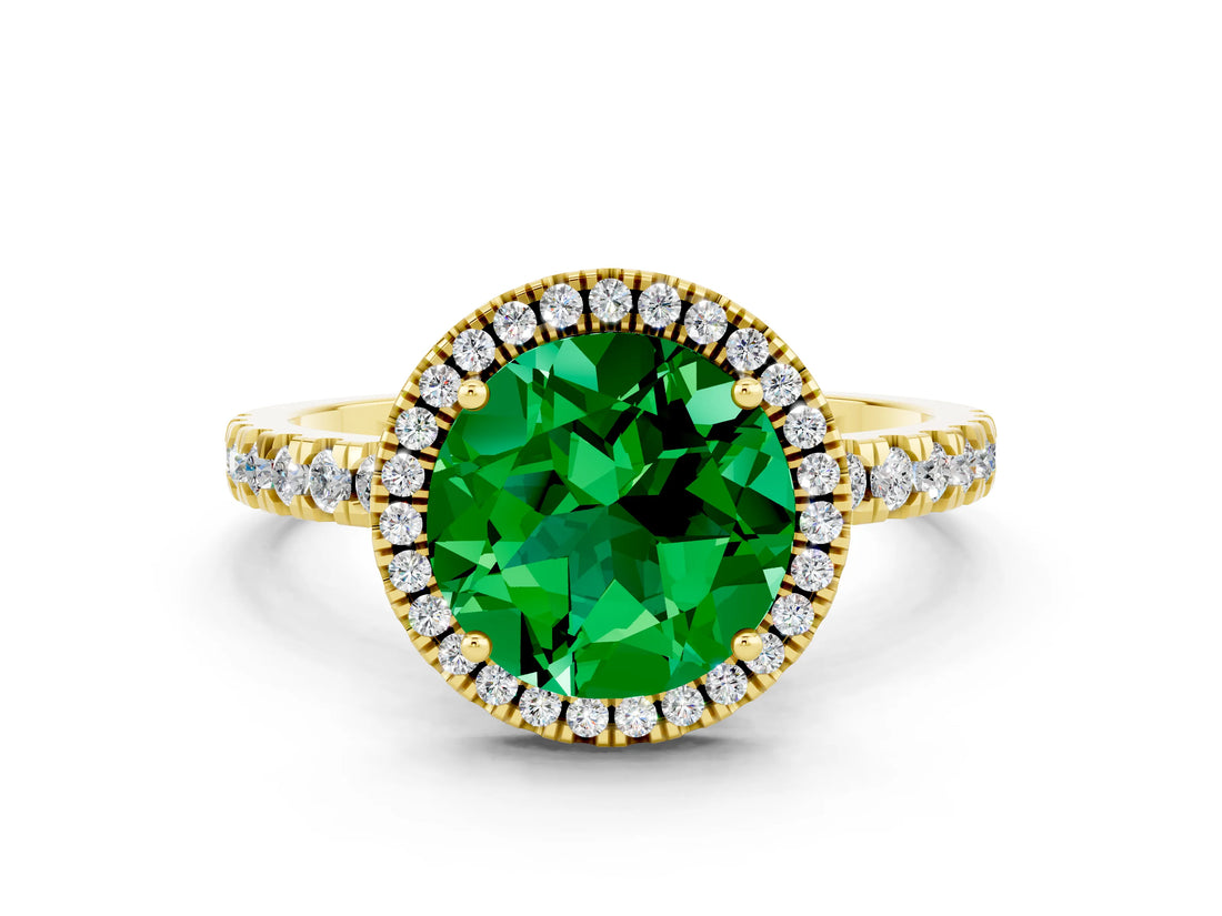 Yellow gold Round Cut Halo Diamond Pave Band with Prong Setting