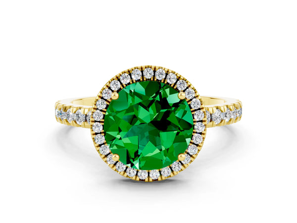 Yellow gold Round Cut Emerald Classic Halo Engagement Ring with Round Pavé Band and Prong Setting