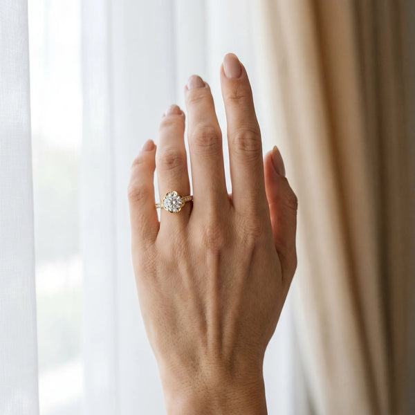 Yellow gold Round Cut Halo Diamond Ring with Channel Set Band and Four-Prong Setting