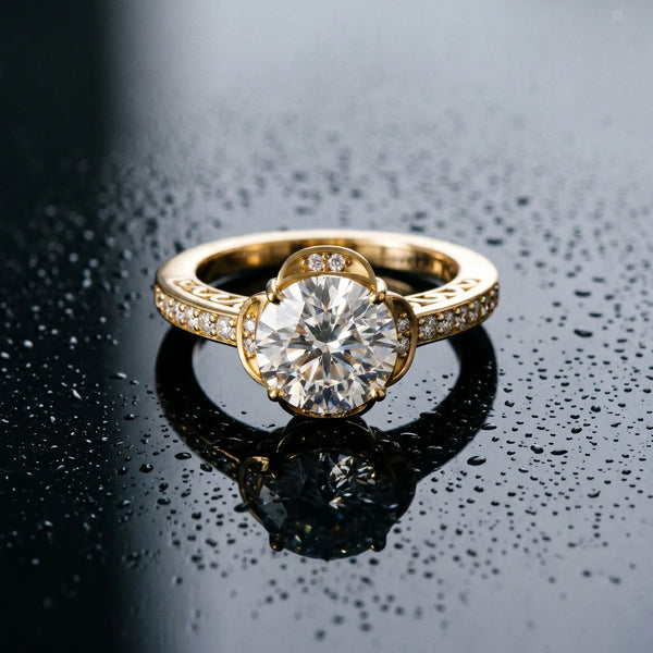 Yellow gold Round Cut Halo Diamond Ring with Channel Set Band and Four-Prong Setting