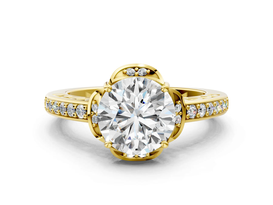 Yellow gold Round Cut Halo Diamond Ring with Channel Set Band and Four-Prong Setting