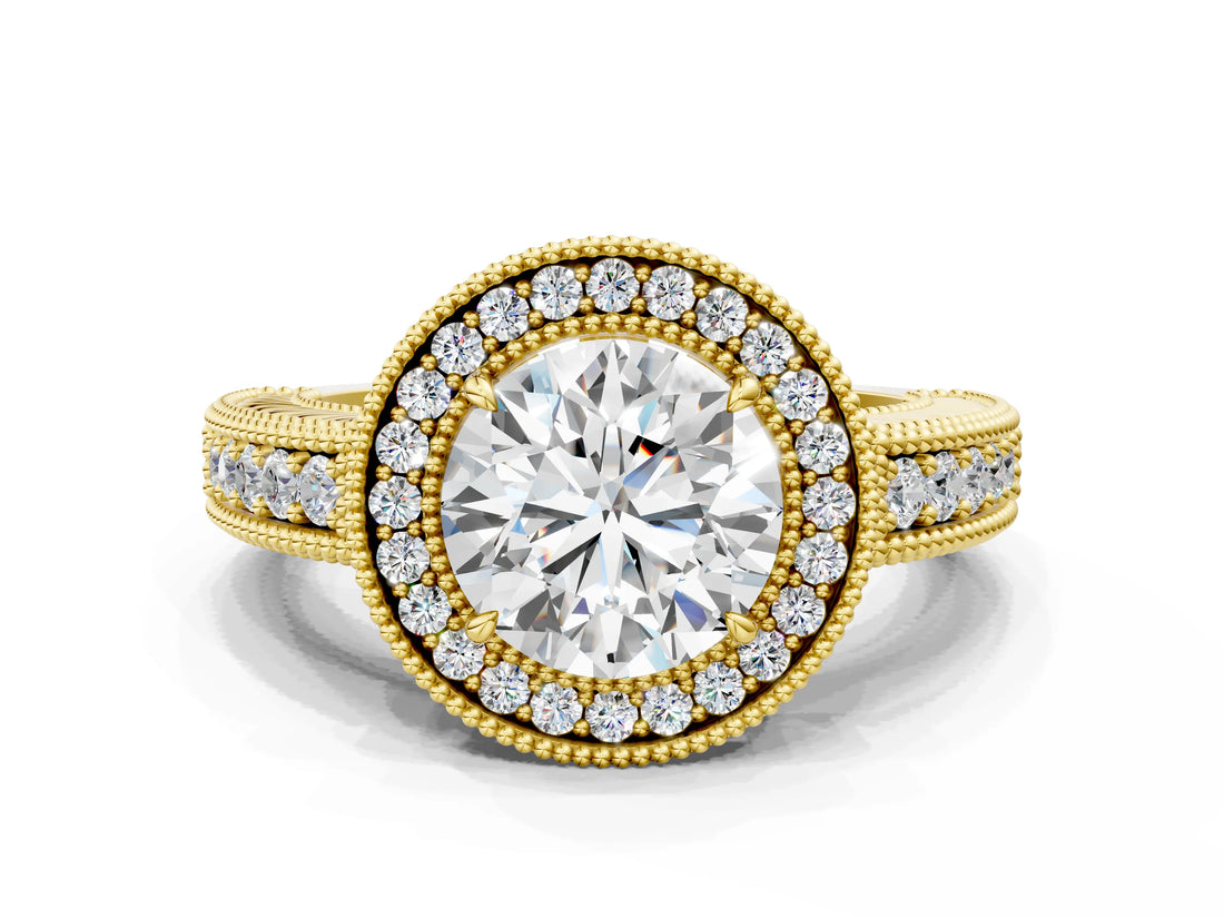 Yellow gold Round Cut Halo Diamond Ring with Pavé Band and Four-Prong Setting_76