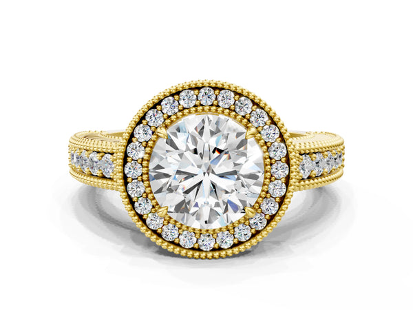 Yellow gold Round Cut Halo Diamond Ring with Pavé Band and Four-Prong Setting