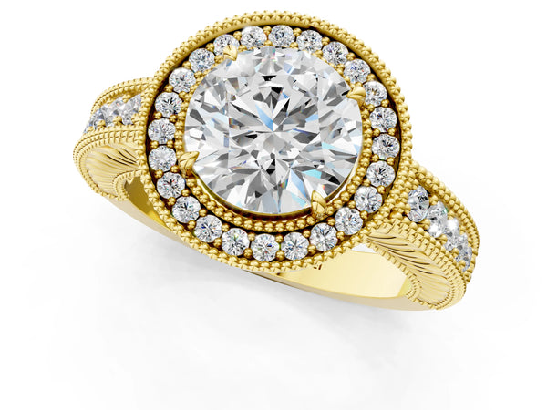 Yellow gold Round Cut Halo Diamond Ring with Pavé Band and Four-Prong Setting
