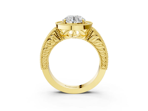 Yellow gold Round Cut Halo Diamond Ring with Pavé Band and Four-Prong Setting