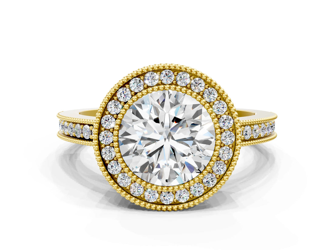 Yellow gold Round Cut Halo Diamond Ring with Pavé Band and Milgrain Prong Setting_33