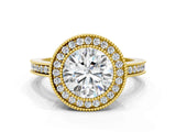 Yellow gold Round Cut Halo Diamond Ring with Pavé Band and Milgrain Prong Setting_33