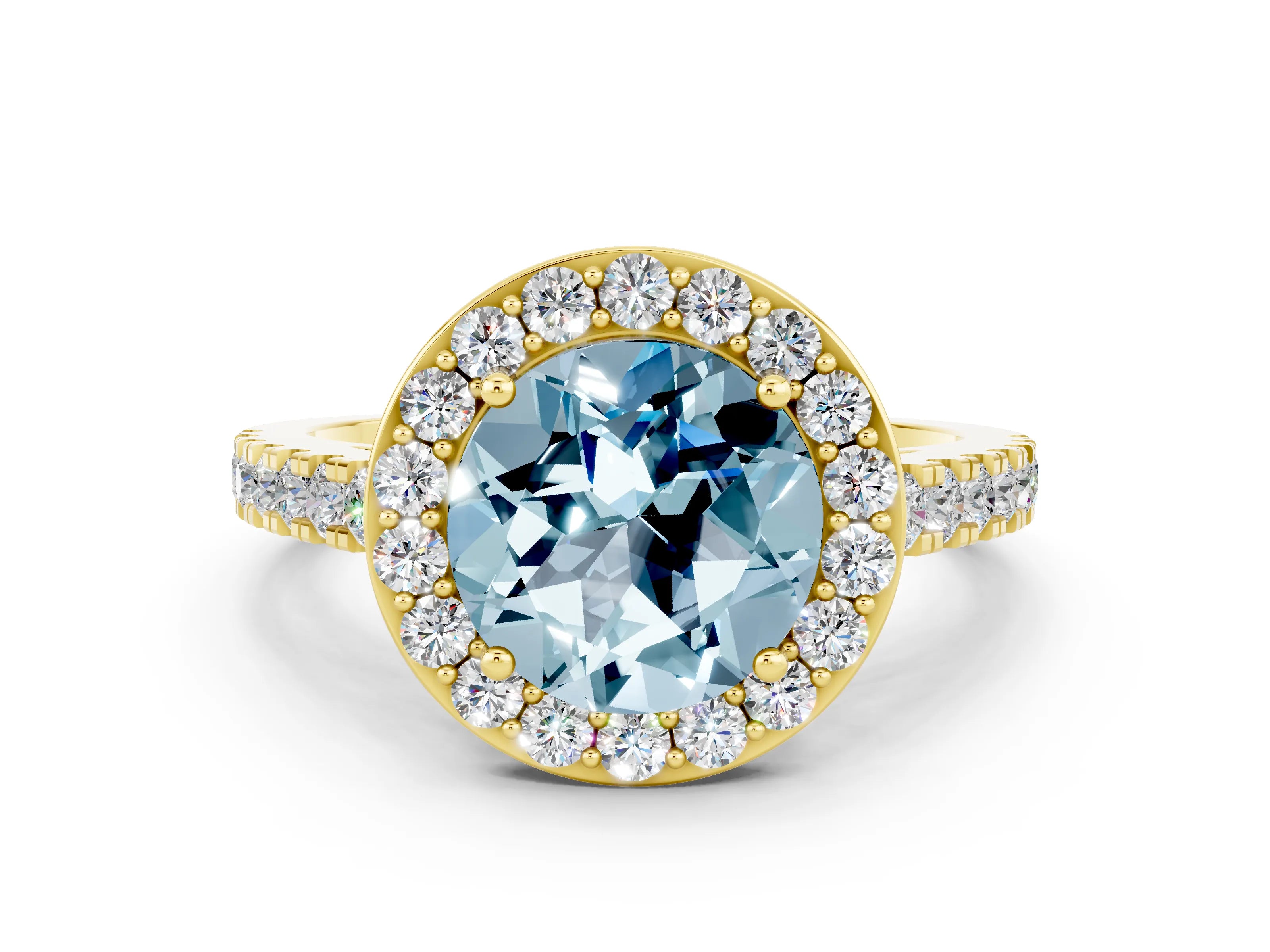 Yellow gold Round Cut Halo Diamond Ring with Pavé Band and Three-Prong Setting
